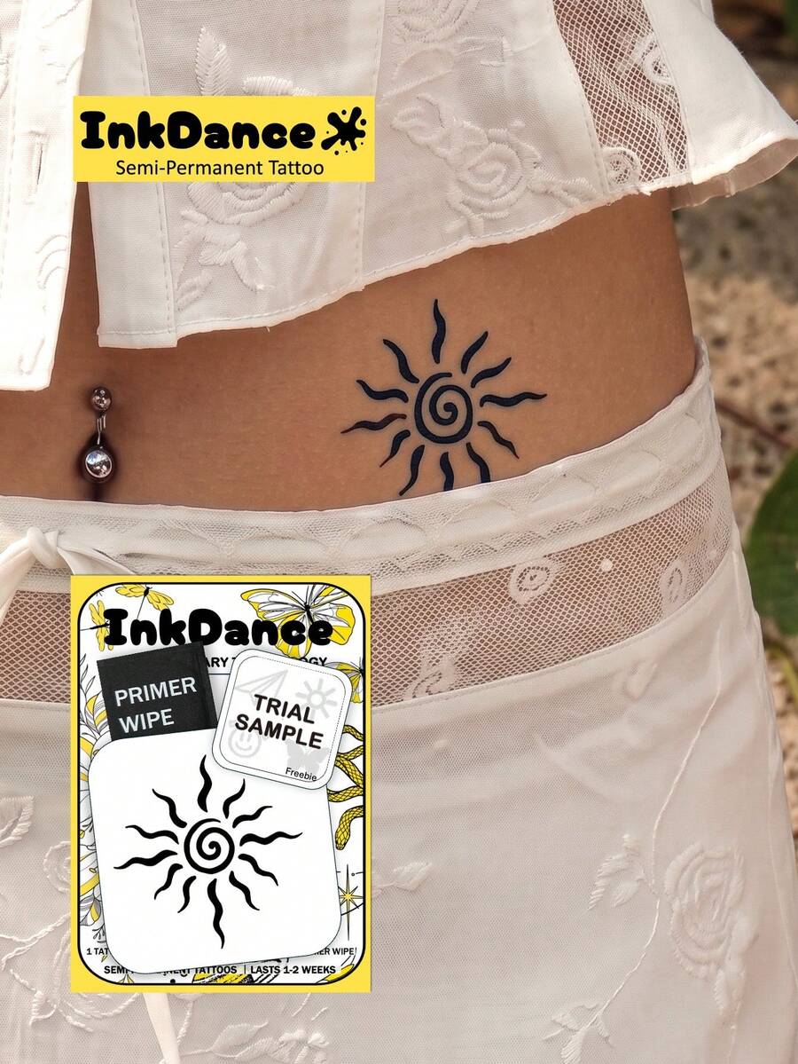 1 Set "Spiral Sun" New Technology Tattoo Sticker, Semi-Permanent, Bohemian Style, Bold, Y2K, Temporary Tattoo, Realistic Tattoo, Waterproof And Long-Lasting, Realistic Design, Plant-Based Formula, InkDance, Ink Dance, Gift MNF083 - Black - View 1