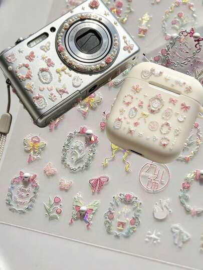 2pcs Lolita Pearl Bow Rose Swan Floral Wreath + Pearl Stickers, Pink & White Dreamy Palace Style Waterproof Self-Adhesive No-Residue, French Delicate Girl DIY Decorative Stickers For Digital Camera Bluetooth Earphone Case, Digital Peripheral Gentle Elegant Luxury Atmosphere Beautification Stickers