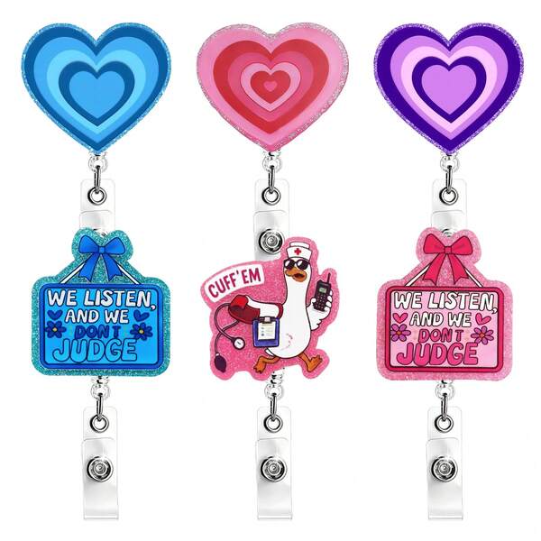 1個亮片愛心鵝造型可伸縮旋轉識別證捲軸 醫療人員 ID 識別證套 易拉夾