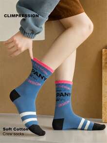 CLIMPRESSION Women's Soft Cotton Letter Print Mid-Calf Socks, Back To School Casual Sports Socks, Suitable For Teenage Girls Daily Wear - Blue - View 1