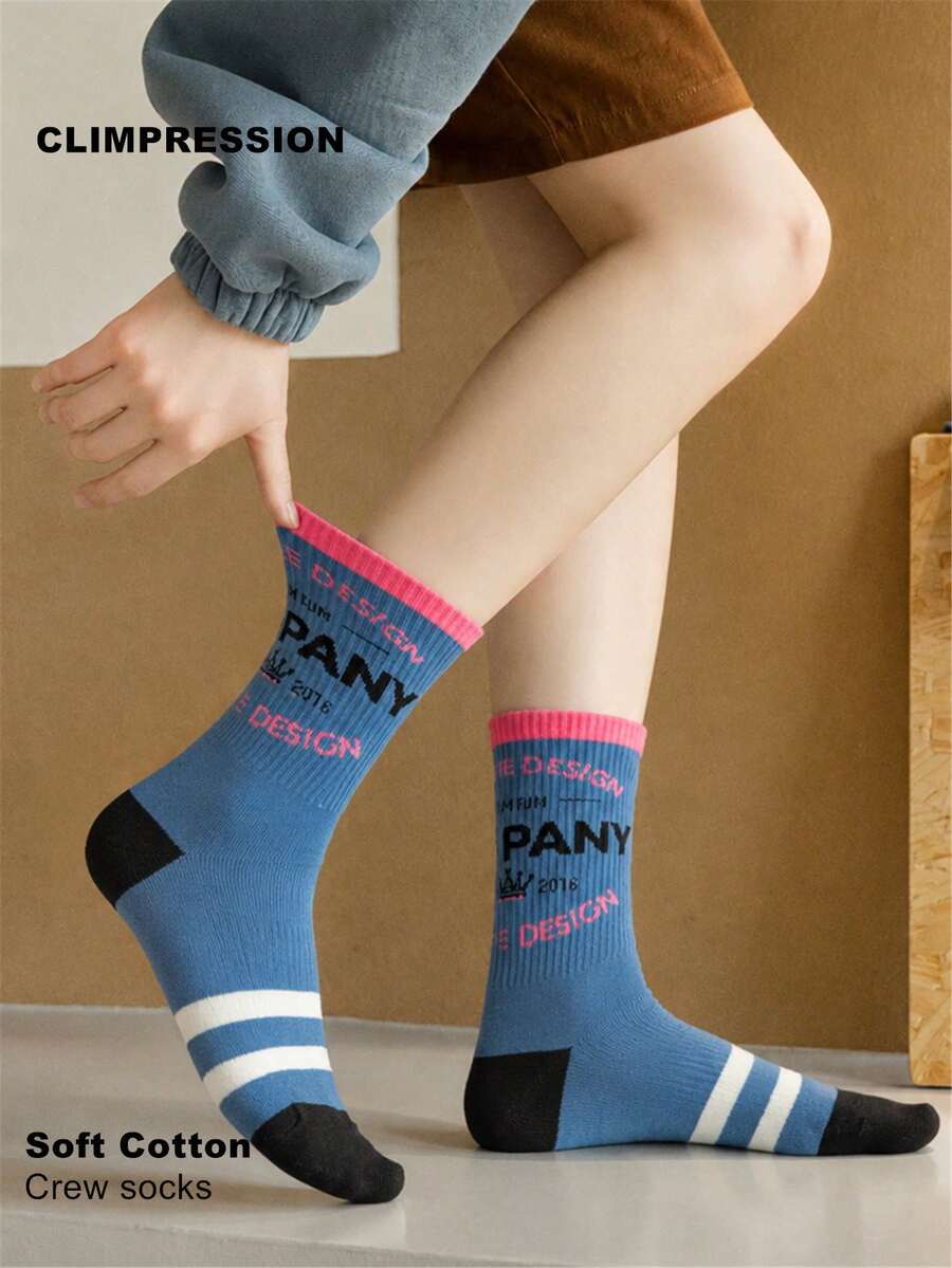 CLIMPRESSION Women's Soft Cotton Letter Print Mid-Calf Socks, Back To School Casual Sports Socks, Suitable For Teenage Girls Daily Wear - Blue - View 1