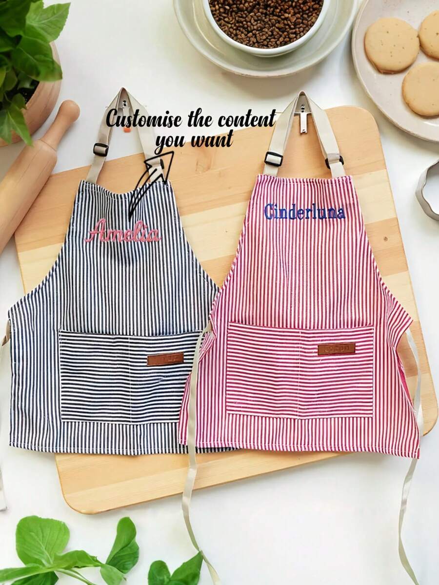 Customized Personalized Apron, Embroidered Apron With Customizable Name, Striped Apron With Pockets | Suitable For Cooking Parties | Birthday Gift