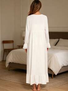 French Style Pure Cotton Spring/Autumn Long Sleeve Fairy Sweet Lace Loose Thin Maxi Nightgown Loungewear - White - View 4