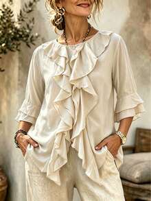 Women's Casual Spring/Summer Shirt With Dual-Layer Ruffle Trim, Button Pockets, Retro Style, Breathable Comfort, High-Quality Ruffle Design, Loose Fit Versatile Solid Color Ruffle Decor, Unique Design, Dignified And Elegant Blouse - Apricot - View 2
