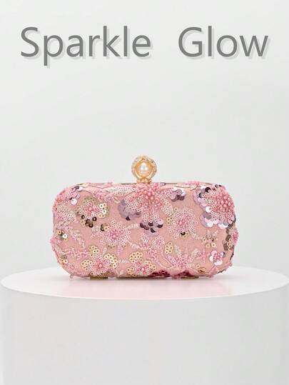 Clutch de Noite Elegante com Bordado de Lantejoulas Rosa, Bolsa de Festa de Casamento de Alta Qualidade, Adequada para Cheongsam/Vestido Formal, Acompanha Corrente de Metal, Demonstra Estilo Elegante. Bolsa de Banquete, Adequada para Festa, Casamento, Baile, Jantar Formal. Combina Perfeitamente com Vestido de Formatura Feminino, Vestido de Lantejoulas, Vestido Brilhante e Roupas Florais
