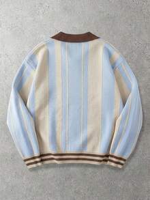 1pc Tween Boys' Vintage Striped Polo Collar Loose Sweater, Spring/Autumn/Winter - Multicolor - View 7