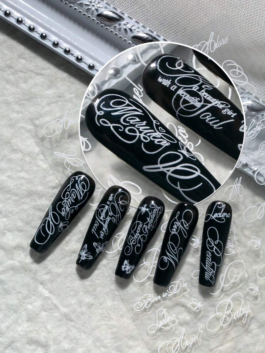 1pc Luxury Vintage Cursive English Nail Art Sticker, Featuring Cursive English Phrases And Minimalist Line Butterfly Decorative Elements, Suitable For Mature Commute, French Date, Evening Party, Wedding Dress Styling, Aesthetic Outfits, Etc., DIY Use For Career Women, Nail Art Enthusiasts, Press-On Nail Shop Owners, Wedding Nail Artists Nail Stickers - White - View 1