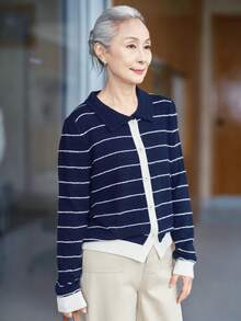 女款時尚海軍藍條紋開襟羊毛混紡針織衫，鈕扣式毛衣，適合萬聖節、感恩節、聖誕節節日穿搭 - 藏蓝色 - 查看 1