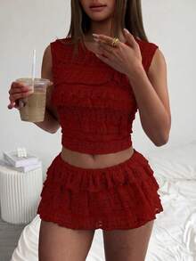 Spring/Summer Knit Lace Jacquard Ruched Round Neck Top And Skirt Set - Wine Red - View 2