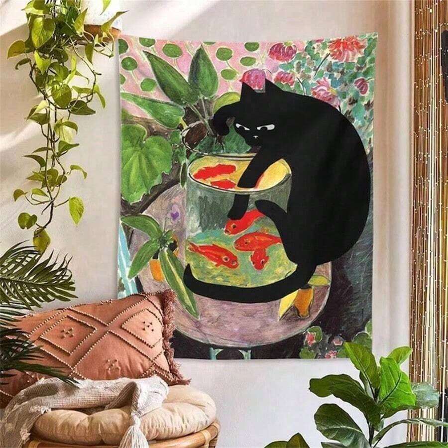 1pc Curious Cat Tapestry Wall Hanging, Cat & Goldfish Pattern, Tropical Plant Art, Dorm Bedroom Gift Tapestry, 95 X 73 Cm (Excluding Installation & Packaging) - Multicolor - View 1
