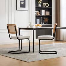 Retro-Style Rattan Dining Chair Set (2 Pieces) / Rattan Backrest Dining Chair / Chenille Seat Cushion / With Black Metal Frame / Suitable For Kitchen, Living Room And Bedroom - Ivory - View 5