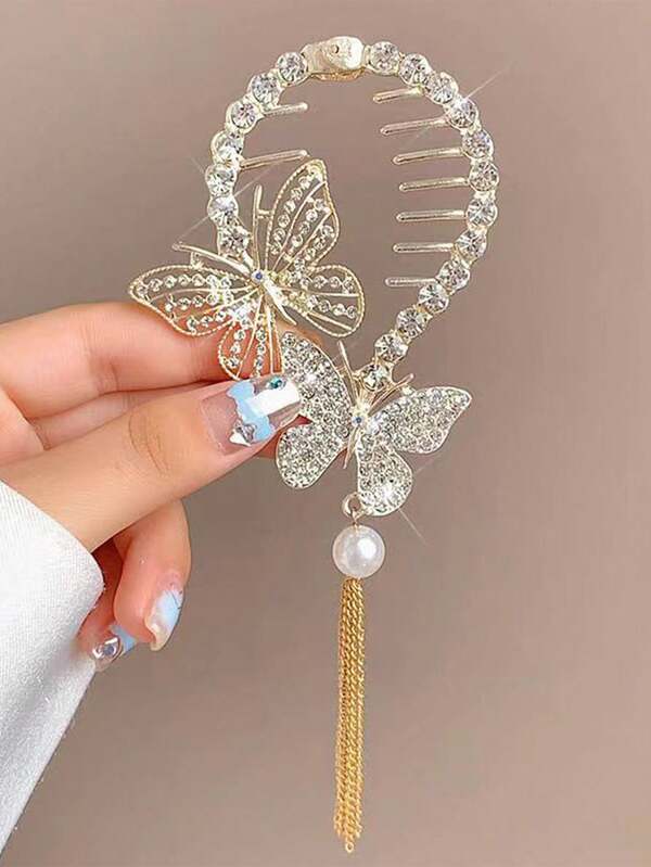 1 pieza Pinza para el cabello con mariposa de strass dorado y borla, accesorio sencillo para uso diario para moño de niñas, sujetador de moño para la parte trasera de la cabeza