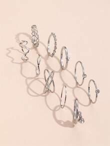 Set de 10 anillos finos plateados minimalistas estilo Ins, anillos apilables con corazón hueco, onda, estrella y strass, anillos de dedo índice elegantes y sencillos para mujer - Plateado - Ver 5