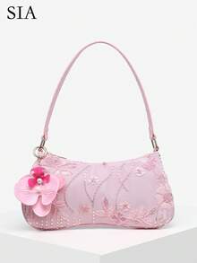 1pc Women's Vintage Vacation Marine Life Floral Beaded Sequin Mesh Faux Fur Tail Woven Pendant Shoulder Underarm Baguette Bag Suitable For Dating, Outing, Vacation, Party (Random Pattern) - Pink - View 1