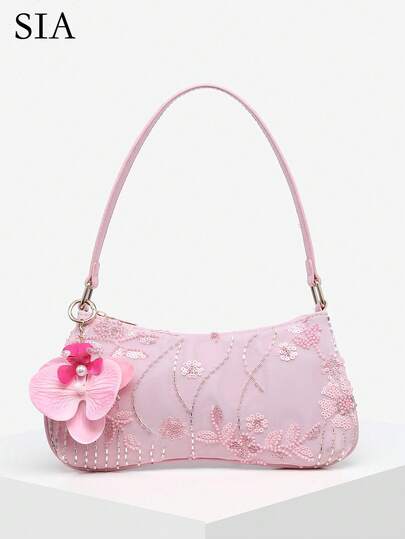 1pc Women's Vintage Vacation Marine Life & Floral Beaded Faux Fur Tail Woven Pendant Shoulder Underarm Baguette Bag, Suitable For Dating, Outing, Vacation