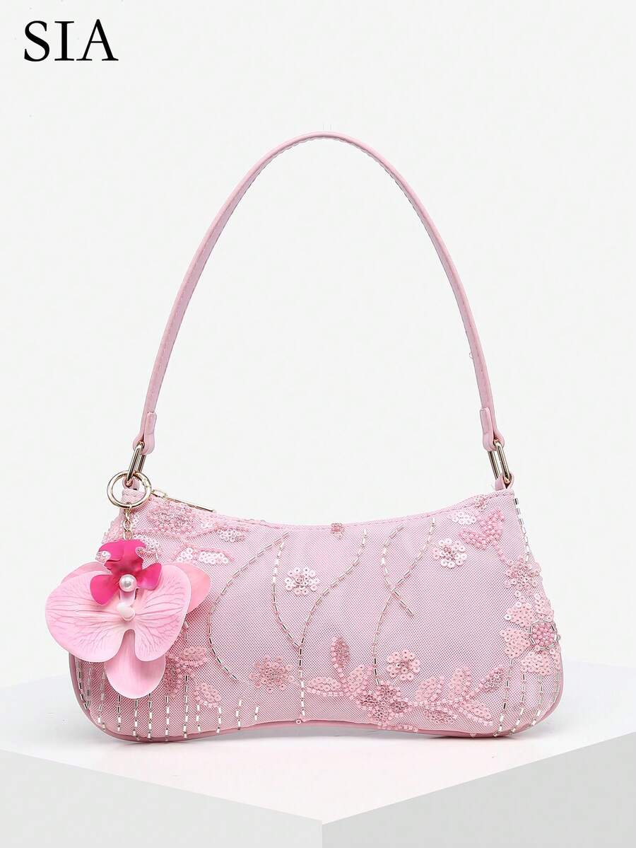 1pc Women's Vintage Vacation Marine Life Floral Beaded Sequin Mesh Faux Fur Tail Woven Pendant Shoulder Underarm Baguette Bag Suitable For Dating, Outing, Vacation, Party (Random Pattern) - Pink - View 1