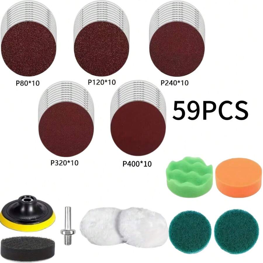 Bộ 59 món chà nhám và đánh bóng gỗ 3 inch, đĩa nhám dán 75mm P80-P400 nhiều loại kèm miếng mút, len và đệm đánh bóng, đế đỡ và trục M10, dùng cho gỗ, nội thất, tủ, đồ thủ công và DIY, tương thích với máy khoan và máy chà nhám - 59 chiếc - Xem 1