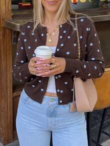Women's Brown Polka Dot Regular Long Sleeve Cardigan, Button Front, High Elasticity Pullover - Purple - View 2