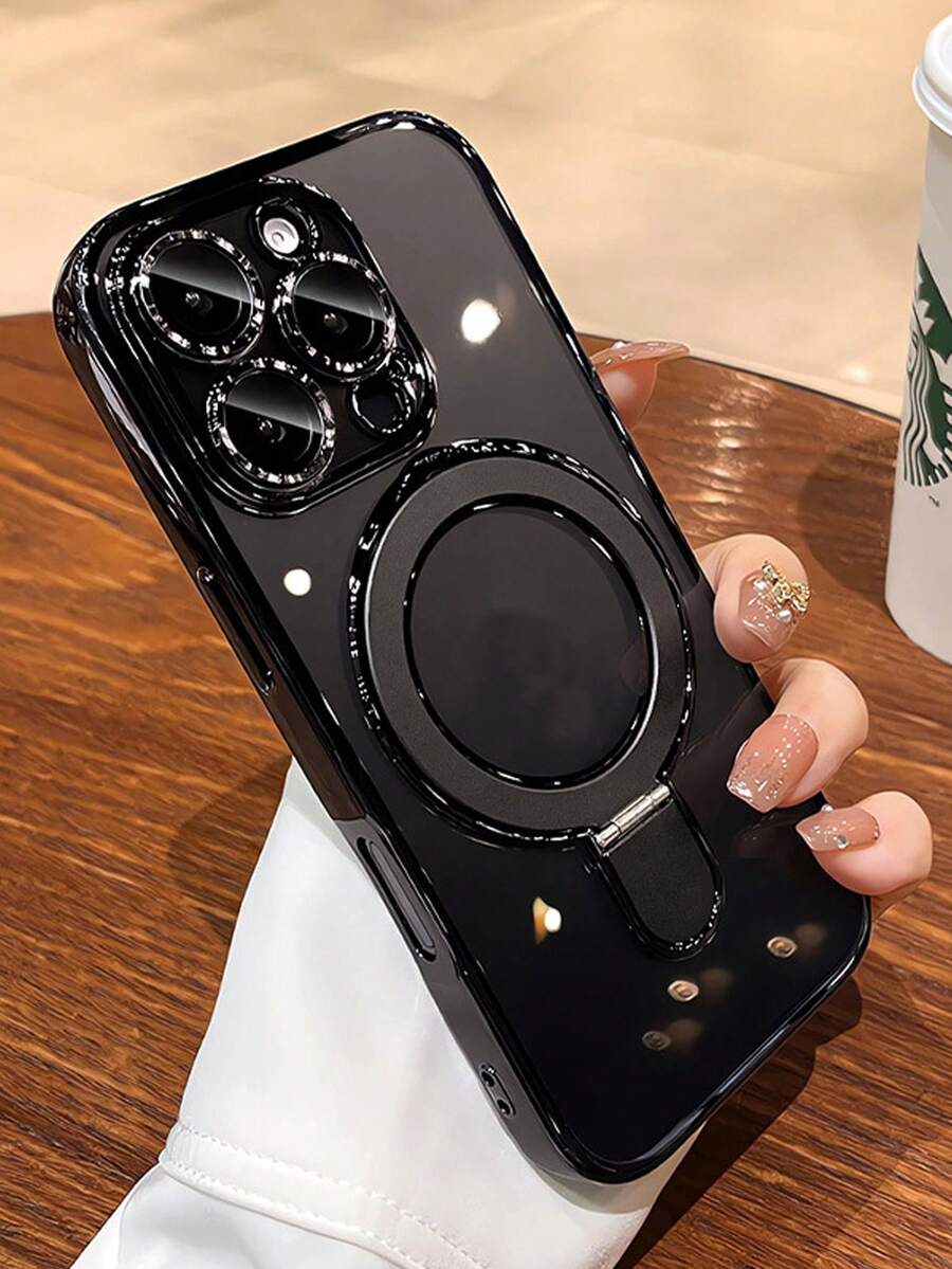 豪華電鍍磁吸手機殼,相容 iPhone 17 16 15 14 13 Pro Max 17Pro,Magsafe 支架底座透明保護殼 - 黑色 - 查看 1