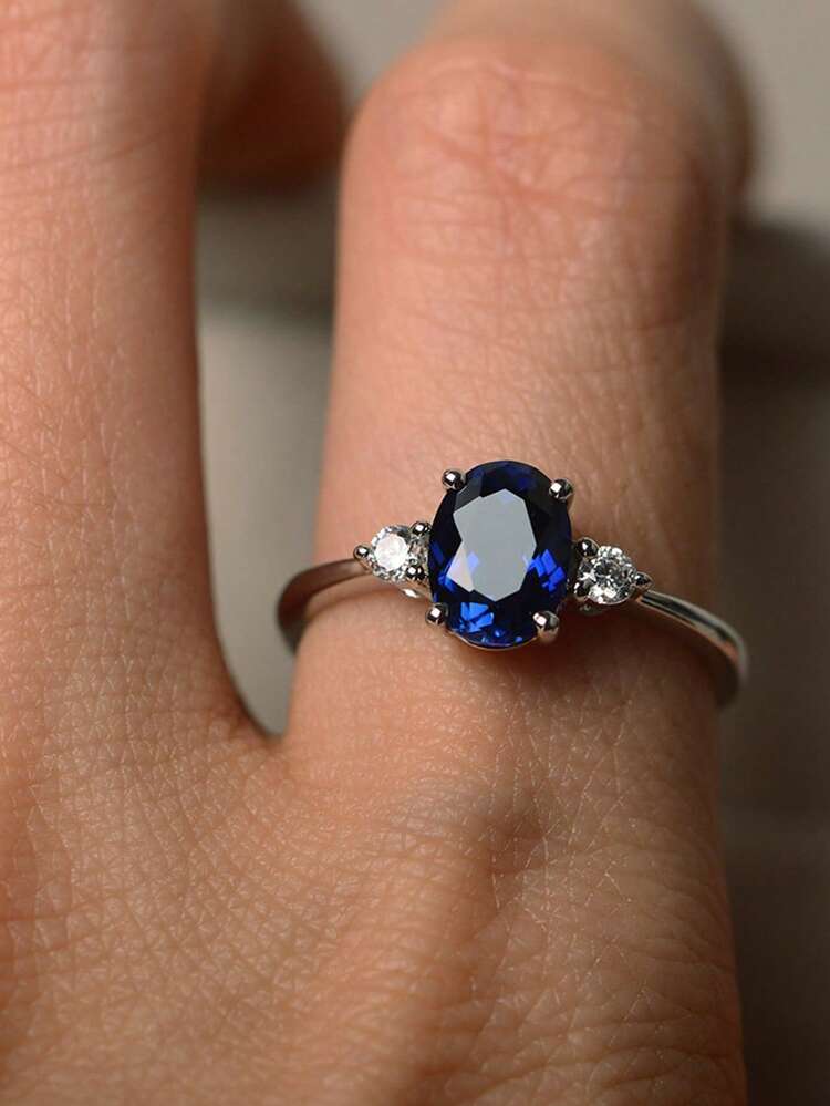 1 Set Cincin Janji Elegan dengan Cincin Zirkonia Biru Tua - Cocok untuk Wanita dan Anak Perempuan - Biru - View 2