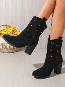 Women's Summer Hollow Carved Western Ankle Boots, Chunky Heel Rivet Breathable Mid-Calf Boots, Vintage Versatile Boots - Black - View 2