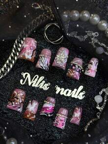 10pcs Handmade Fully Covered Short Duck Nails Press On Nails, Pink Nails, Y2K Sweet Cool Girl Style,3D Stars, Hand Drawn Zebra Pattern Geometric Lines Suitable For Party, Daily, Cosplay,Detachable And Reusable, With Nail Glue Sticker And Nail File - Pink - View 2