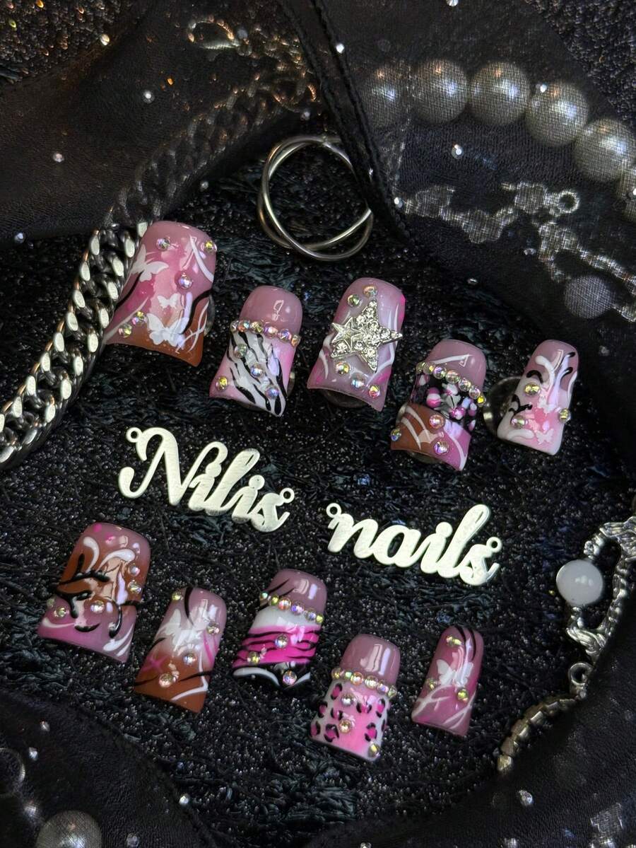 10pcs Handmade Fully Covered Short Duck Nails Press On Nails, Pink Nails, Y2K Sweet Cool Girl Style,3D Stars, Hand Drawn Zebra Pattern Geometric Lines Suitable For Party, Daily, Cosplay,Detachable And Reusable, With Nail Glue Sticker And Nail File