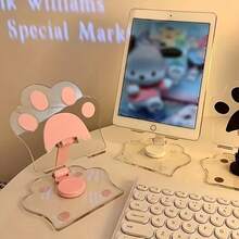 1 pieza Soporte para teléfono con forma de pata de gato creativa y linda, material acrílico, adecuado para iPad y tabletas, soporte dedicado para maratón de series, soporte de escritorio plegable, soporte inclinado, soporte universal de acrílico lindo de dibujos animados para teléfono y tableta, adecuado para teléfonos y tabletas de hasta 13 pulgadas, ángulo ajustable, rotación plegable de 360°, soporte de escritorio elevable inclinado, perfecto para ejercicio, ver videos y llamadas de FaceTime - Multicolor - Ver 5