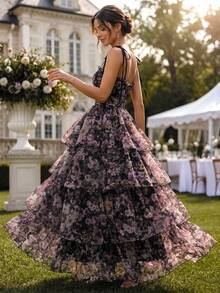 Perirose Women's Purple Romantic Cottagecore Floral Print Tie Spaghetti Strap Multi Layered Tiered Ruffle Maxi Dress Summer Fall Wedding Guest Vacation Party - Black - View 2