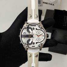 Jam Tangan Diesel DZ7401 Pria Ukuran Besar dengan 4 Zona Waktu, Bezel Baut Stainless Steel Perak, Tali Kulit Berlubang, Tahan Air 3ATM, Multi-Dial, Kronograf Jalanan - Satu-Ukuran - View 1