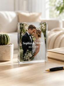 Customized Photo Acrylic Plaque, Personalized Wedding Acrylic Brick Gift For Bride And Groom, Custom Name Date Engraved Home Decor Keepsake Ornament - Multicolor - View 2