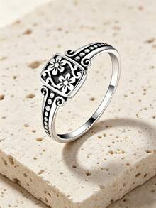Anello quadrato in argento puro annerito, con un design retrò e unico, un regalo perfetto per le signore per appuntamenti, feste o San Valentino - argento antico - Visualizzare 3
