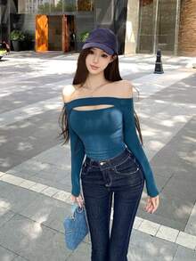 女款初秋新品浪漫廓形極簡性感鏤空設計露肩修身長袖上衣夏季 - 水鴨藍 - 查看 7