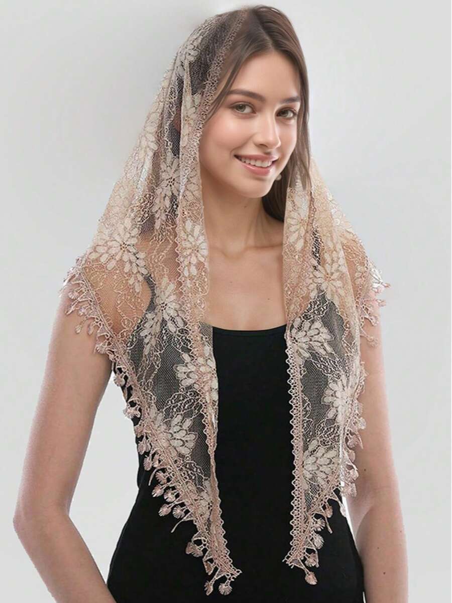 1件女款刺繡提花蕾絲流蘇三角圍巾,復古簡約百搭披肩圍巾,適合日常穿著,也適合所有場合 - 卡其色 - 查看 1