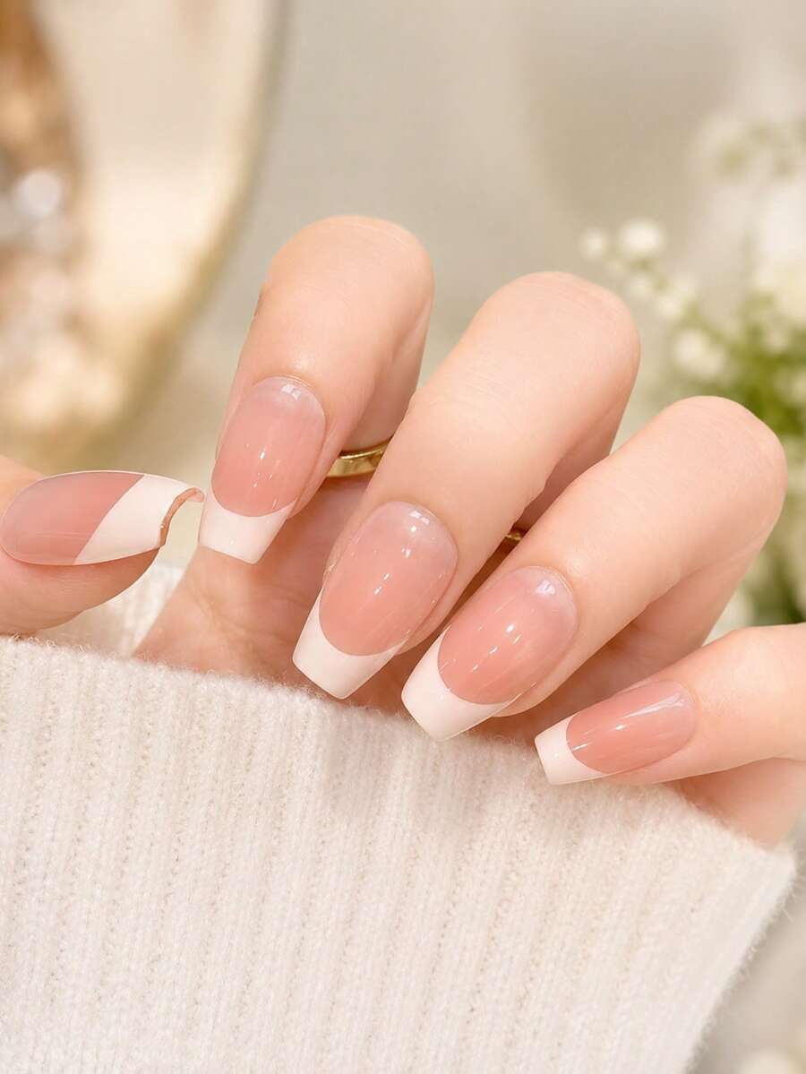 300/10pcs Handmade Medium Coffin Press-On Nails, Glittery Pink French Design Nails, Perfect For Girls, Summer Look, Easy-To-Wear Fake Nails For Vacations And Trips, Stylish Nail Products For Travel - Baby Pink - View 1