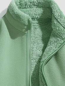 Women's Grey Green Stand Collar Zip-Up Fleece Jacket, Plush Lining, Curved Side Pockets, Minimalist Casual Daily Outdoor Sports Autumn Coat - Green - View 5