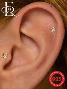 EleRunis 1pc 925 Sterling Silver Round Spiral Flat Back Cartilage Earring Screw Stud Exquisite Jewelry Suitable For Daily Wear Wedding Party Engagement Anniversary Valentine's Day - Gold - View 2