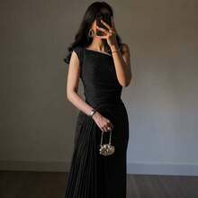 Spring And Autumn Women's Folded Ribbon Sparkling Evening DressLoose And Comfortable - Black - View 9