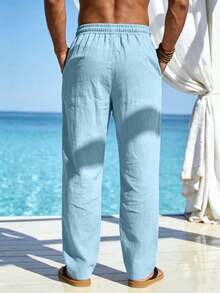 Men's Spring/Summer Thin Casual Long Pants, Simple Solid Color Pocket Drawstring Trousers, Comfortable Loose Linen Long Pants 2 Pieces - Light Wash - View 5