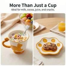 Hand Glazed Embossed Pattern Ceramic Coffee Mug Set Shaped Cup With Tail Handle Paw Print Coaster Silicone Lid Stainless Steel Spoon Novelty Kitchen Tabletop Drinkware - Yellow - View 5