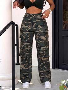 Camo Print Flap Pocket Cargo Pants Casual Spring - Army Green - View 3