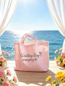1/2pcs Bridal Wedding Large Capacity Striped Tote Bag Set, Suitable For Beach And Daily Use, Striped Beach Handbag With Pink Makeup Bag - Multicolor - View 4