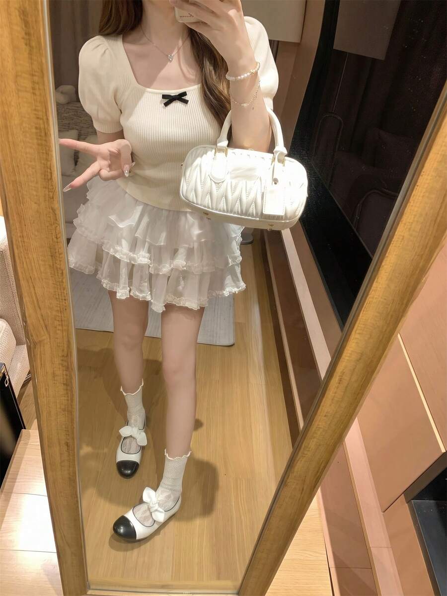 优雅返校甜美时尚焕新泡泡袖方领短袖T恤女夏季新款性感短款蝴蝶结上衣 - 杏色 - 查看 1