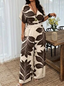 Weeklong Straight Leg Trousers With Slim Waist, Solid Color Floral Print, Suitable For Daily Wear And Holidays, Plus Size For Women With V-Neck - 多色 4 - 查看 1