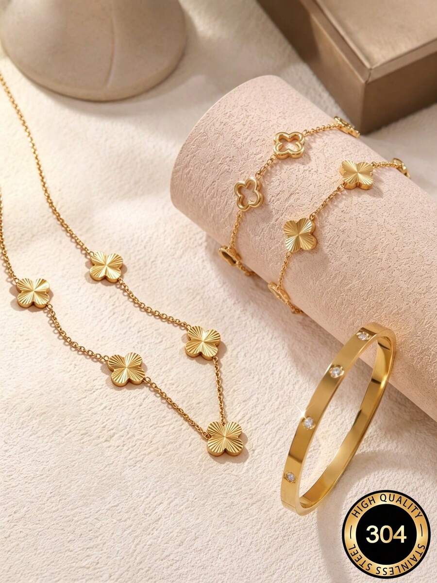 VceTd 3/4 piezas Elegante conjunto de joyería de acero inoxidable con decoración de trébol para mujeres, adecuado para uso diario o como regalo - Amarillo Oro - Ver 1