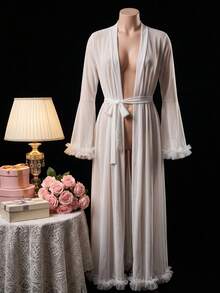 Spring And Summer French Retro Court-Style White Pleated Lace Long Cardigan Morning Gown, Comfortable And Soft Home Style, Romantic Couple's Night - White - View 6