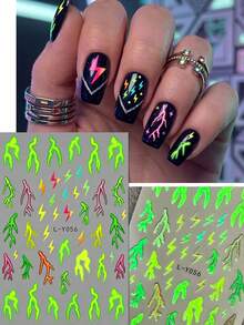 4 Peças Adesivos de Arte de Unhas Estilo Neon Y2K, com Padrões Vibrantes de Chama, Raio e Frutas Tropicais, Suprimentos Profissionais para Artista de Unhas, Adequado para Festivais de Música, Festas de Praia de Verão e Looks de Unhas da Moda Diária - Multicolorido - Visão 9
