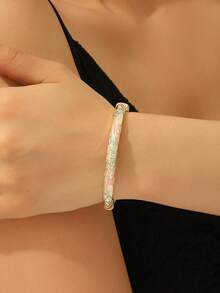 1pc Fashion New Gold-Plated Exquisite Rhinestone Swirl Enamel Filigree Hinged Open Bangle Bracelet, Jewelry Gift For Girls And Women - Pink - View 2