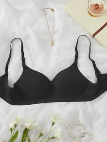 1件女款舒適睡眠無線軟罩杯純色棉質內衣 - 黑色 - 查看 7