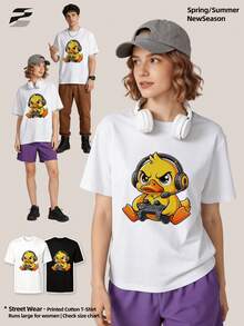 Herren Sommer Lässig Weiches Rundhals Kurzarm-Shirt,Niedlicher Gamer Ente mit Headset Controller Lebendiger Cartoon Muster Grafik Geeignet für Street Da - Weiss - Übersicht 2